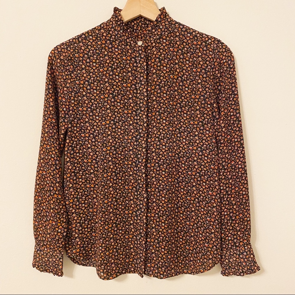 LOFT Petite Floral Print Ruffle Trim High Neck Long Sleeve Blouse